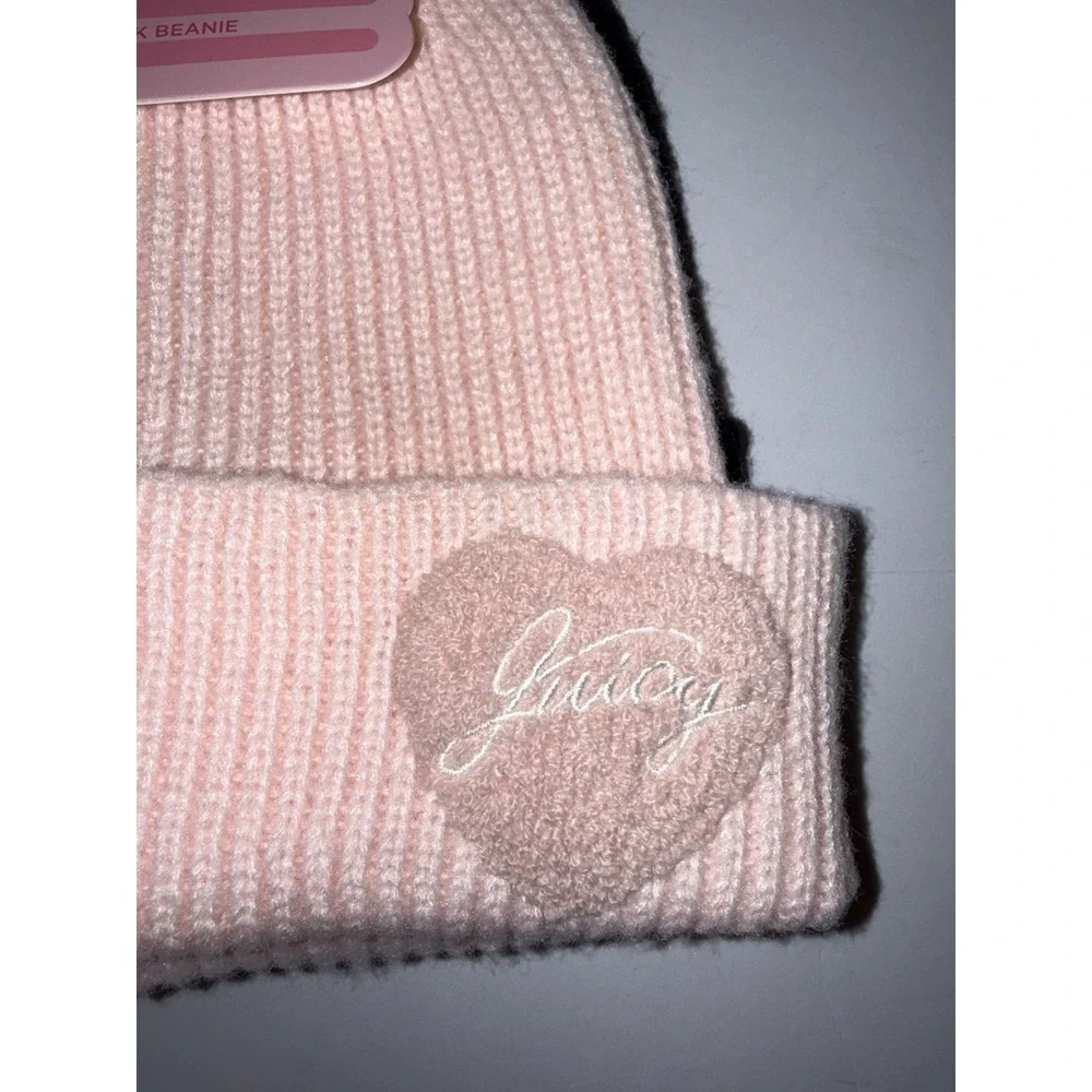 Juicy Couture Women 2 Pack Beanie Hat Set Pink Black Heart Logo Winter Cold NWT